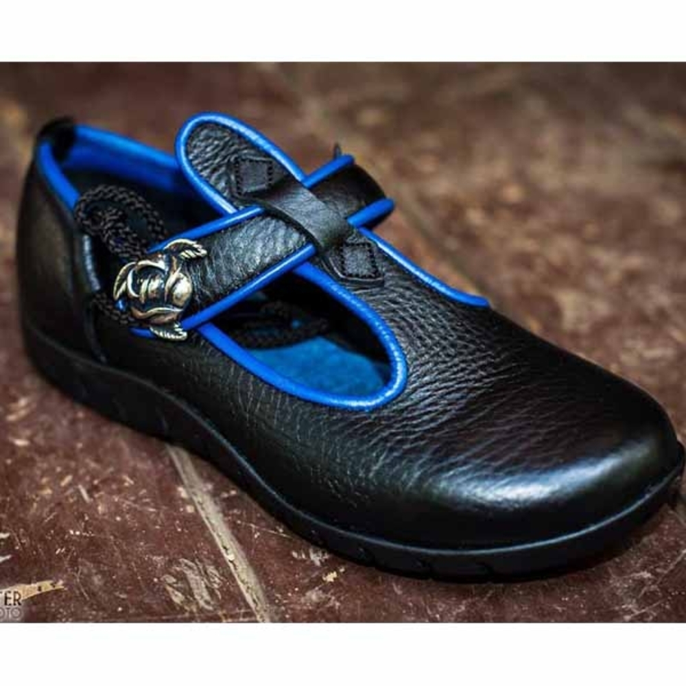 Son of Sandlar Womens Leather T Strap Mary Jane Black and Cobalt